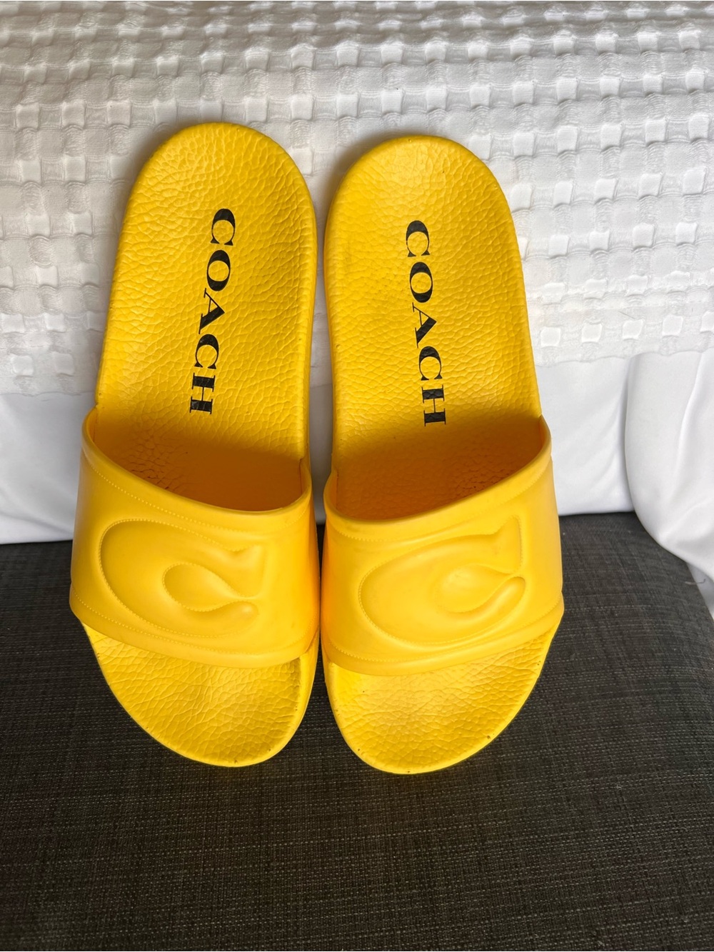 Coach Yellow Logo Slide Sandals with Embossed C Strap